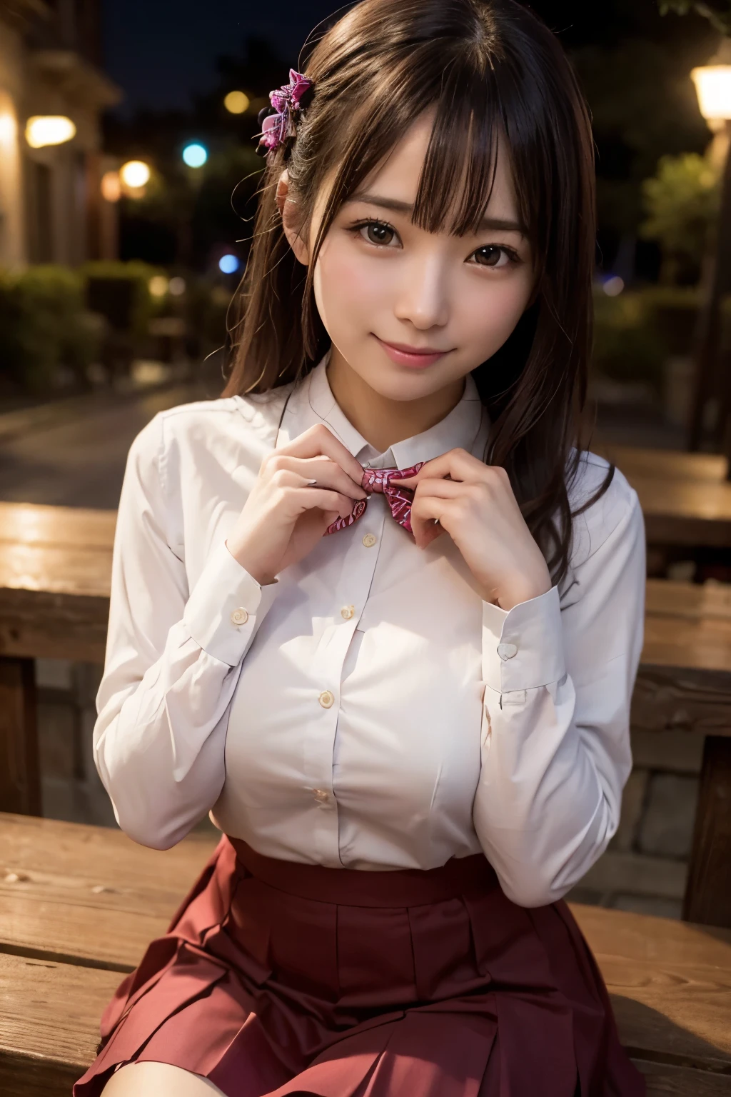 (8k, RAW Photos, highest quality, masterpiece:1.2), (Realistic, photo-Realistic:1.37), Super detailed,
1 girl,cute, alone,Beautifully detailed skies,Detailed cafe,night,Sitting,Date,(Red nose),(smile:1.1),(Mouth closed),Big Breasts, seductive smile, Wide opening, Professional Lighting, Sony A7R4, Zesse 50mm F1.8,
Medium chest,Beautiful fine details,(Collared shirt:1.1), bow tie,Pleated skirt,(short hair:1.2),Floating Hair 