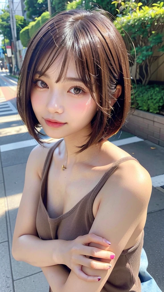 (((Definitely shoulder length, short, Straight Brown Bob)))、(((In her background is a summer park、Pose like a model at the beauty salon.)))、(((Random and cute street fashion)))、Face close-up、Half Japan, Half Korean、18-year-old girl、Independent、I&#39;looking forward to it、Light eye makeup、Brown Hair Color、flat 、Hair blowing in the wind、Quality of actress、Shiny, Ultra-realistic faces、smile、Watery eye、look up、Subtle lighting effects、 Ultra-Realistic Capture、Very detailed、High resolution 16k human skin closeup。Skin texture must be natural、The detail must be such that the pores are clearly visible...、skin is healthy、Even Tone、Use natural light and color、High quality images taken by modeling agencies&#39;Exclusive photographer、smile
