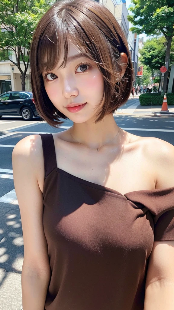 (((Definitely shoulder length, short, Straight Brown Bob)))、(((In her background is a summer park、Pose like a model at the beauty salon.)))、(((Random and cute street fashion)))、Face close-up、Half Japan, Half Korean、18-year-old girl、Independent、I&#39;looking forward to it、Light eye makeup、Brown Hair Color、flat 、Hair blowing in the wind、Quality of actress、Shiny, Ultra-realistic faces、smile、Watery eye、look up、Subtle lighting effects、 Ultra-Realistic Capture、Very detailed、High resolution 16k human skin closeup。Skin texture must be natural、The detail must be such that the pores are clearly visible...、skin is healthy、Even Tone、Use natural light and color、High quality images taken by modeling agencies&#39;Exclusive photographer、smile
