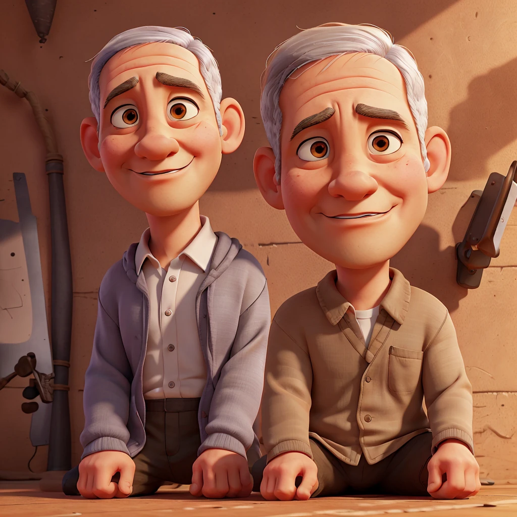 Create a 3D animation of a cartoon caricature with a big head. . A man named "Benjamin Netanyahu" aged 60. Full body view, His hair is very thin, gray, and sitting position, legs straight on the floor made of wood. The back of the body is leaning against a high pole in a room. The body position is tied, Rope wrapped around the body and tied to the pole. His face is oval with fine facial wrinkles, thick and neat gray eyebrows, normal eyes, straight aquiline nose, and wide open lips. Sad and scared facial expression, on the floor there are many rats close together as if they want to bite the man, He is wearing a prisoner uniform and orange prison pants. Gradient brown background with a little professional lighting. Masterpiece, best quality, very detailed skin and face, very realistic, high definition, studio lighting, sharp focus, 2/3 body angle, Concept Art, 3D rendering.