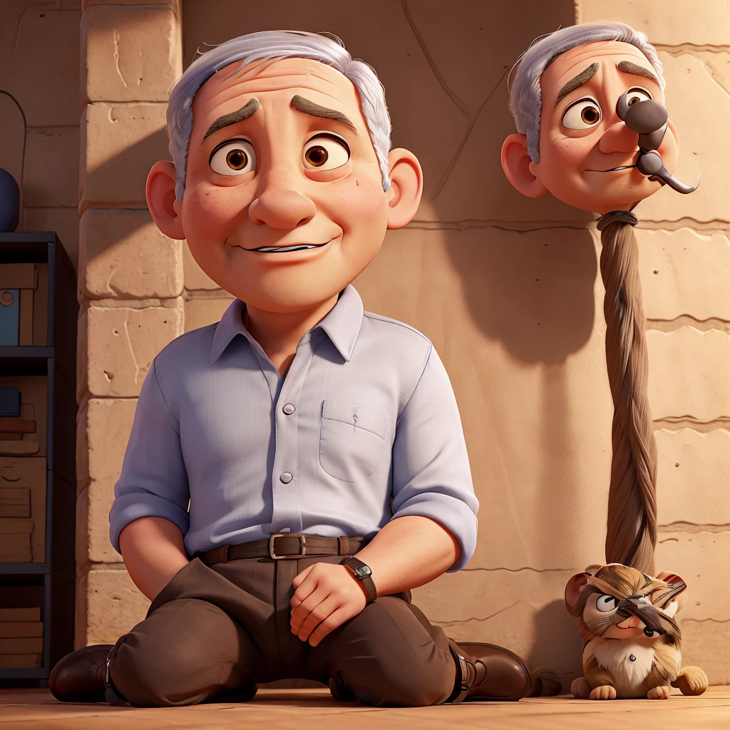 Create a 3D animation of a cartoon caricature with a big head. . A man named "Benjamin Netanyahu" aged 60. Full body view, His hair is very thin, gray, and sitting position, legs straight on the floor made of wood. The back of the body is leaning against a high pole in a room. The body position is tied, Rope wrapped around the body and tied to the pole. His face is oval with fine facial wrinkles, thick and neat gray eyebrows, normal eyes, straight aquiline nose, and wide open lips. Sad and scared facial expression, on the floor there are many rats close together as if they want to bite the man, He is wearing a prisoner uniform and orange prison pants. Gradient brown background with a little professional lighting. Masterpiece, best quality, very detailed skin and face, very realistic, high definition, studio lighting, sharp focus, 2/3 body angle, Concept Art, 3D rendering.