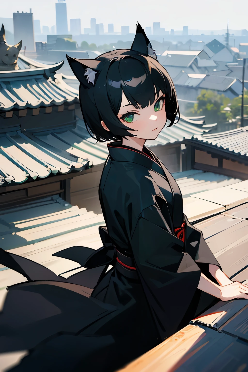 Girl with black cat ears, green eyes, wearing a black kimono, short hair, ninja outfit, cat mask on the roof.