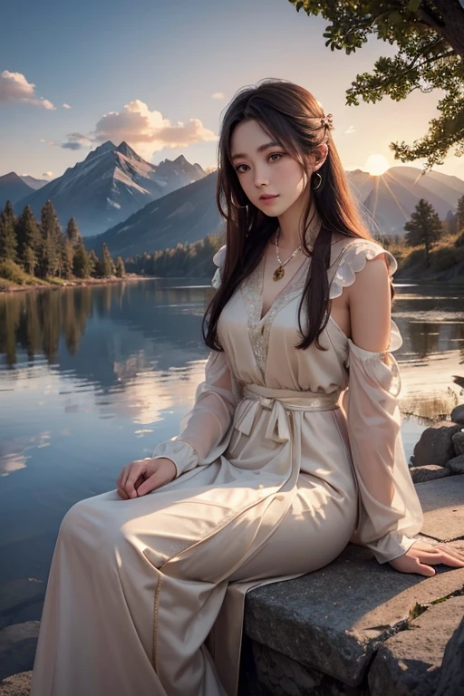 8K, ultra hd, masterpiece, very realistic, 1 girl, elegant, ornate, accessories, beautiful ancient archery costumes , 4 costumes, Japanese girl,  4 hairstyles - pig tail, ponytail, french briads, slong hair with side bangs, brown hair, brown eyes, perfect lips, icy eyes, no smile but elegant ,very detailed face and skin, best quality , holding, in the forest , near the waterfall 