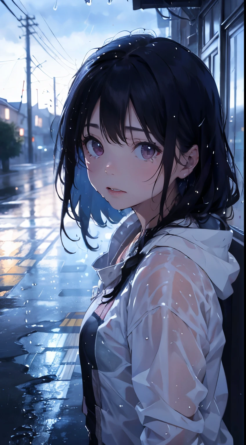 ( Highest quality,4K,8K,High resolution,masterpiece:1.2),Super detailed,(Realistic,photoRealistic,photo-Realistic:1.37),rainy scene,stress,Outdoor,Gloomy atmosphere,Realistic droplets on the face,Soaked clothes,Dark colors,despair,Devastation,Lonely,Lost in Thought,Emotional,Wet roads,Apply mascara to your face,Tears ran down my cheeks.,Rain-soaked hair,Water dripping from hair,Shrug,Visible sadness,Pouring rain,thunderstorm,Severe Weather,Tragic,Deep sorrow,heartache,negative emotion,despairing expression,Cold and wet,pale,Heavy rain,Wet pavement,Tears fall rapidly,Lonely,Devastation