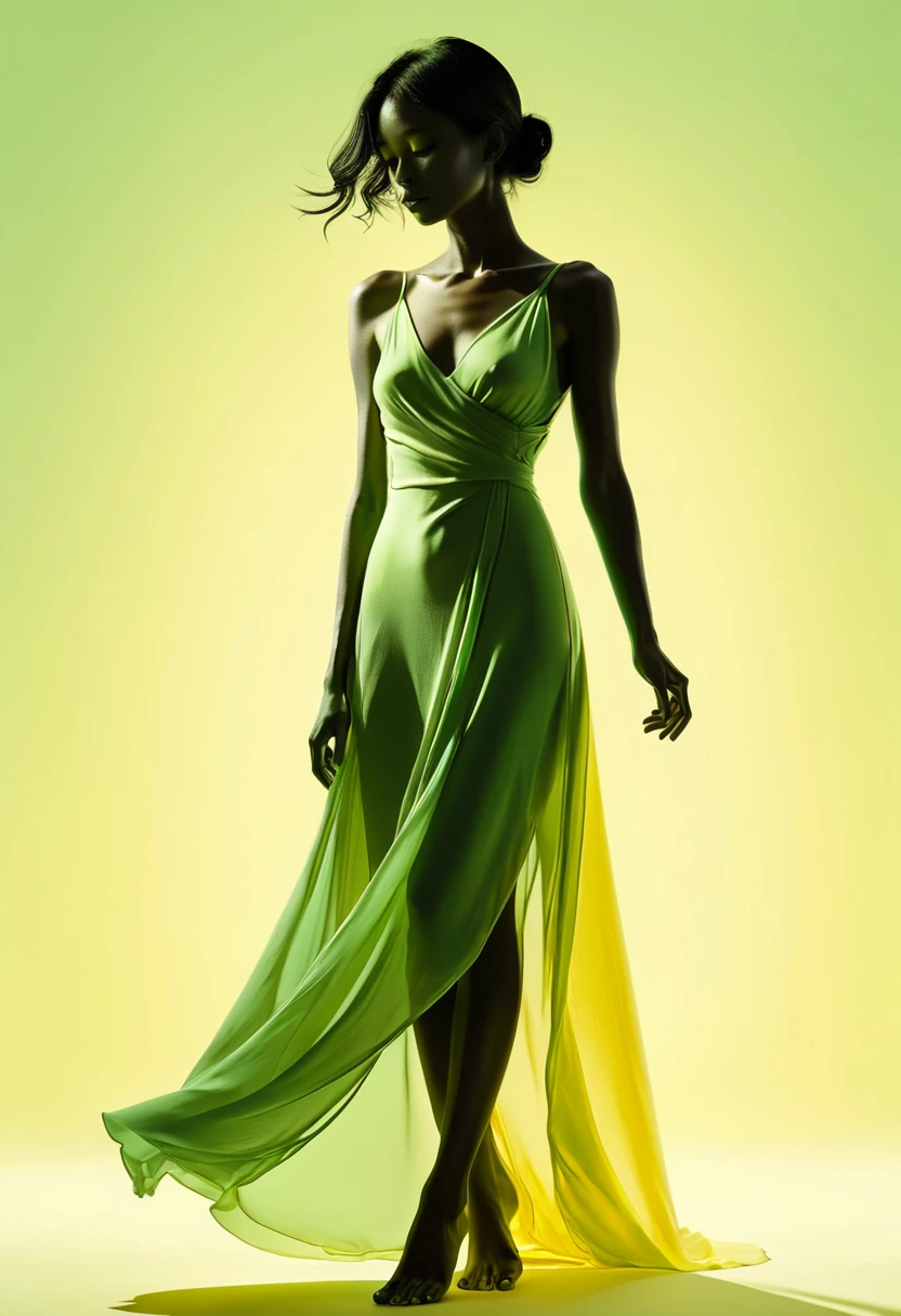 Woman full body silhouette、Soft dress、Faint Lines、High contrast、Rendered in glowing green and yellow duotone style、Expressing her beauty to the fullest、Gives off a delicate glow、Softness、Suppiness