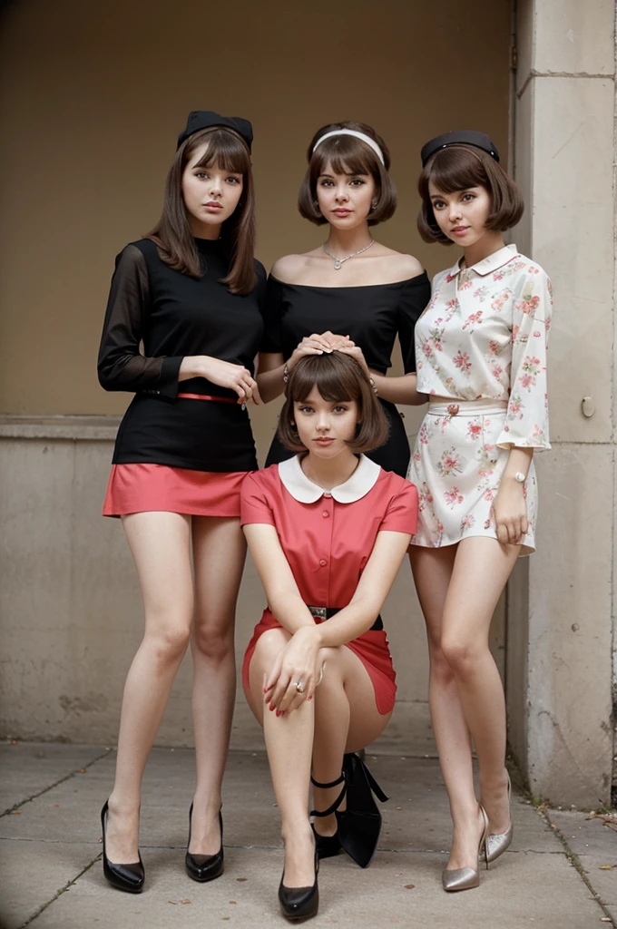 group of fashionable young women posing for a picture, retro 60s girls fashion, 1960s style