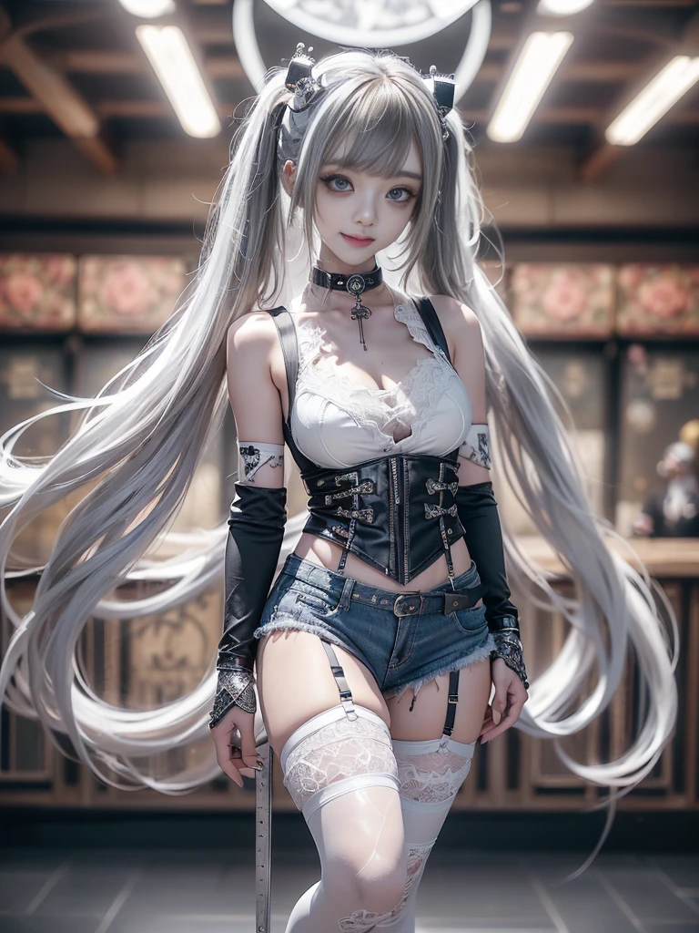 (Full body:1.5)、(Full body:1.2)、(Smiling with teeth showing:1.3),(Shibuya Gal:1.5)、(Neo-goth style fashion:1.5)、(Punk RockVisual Kei:1.4)、(Medieval noble gimp in denim and silver and white:1.5)、(Denim medieval white arm covers and garter shorts:1.5)、(White denim high heels:1.3)、(Wearing silver accessories:1.5)、(Denim collar:1.4)、(White leather garter belt:1.4)、(Brown Skin Belt:1.3)、(White lace underwear:1.5)、20-year-old、NSFW、((Highest quality、In 8K、masterpiece:1.3))、Sharp focus:1.2、(Layered Cut、Huge boobs:1.1),Beautiful woman with perfect figure:1.4、(Dancing vigorously:1.3)、Slender Abs:1.2、Highly detailed face and skin texture、Detailed eyes、double eyelid,(Twin tails:1.3)、(Brown-golden hair:1.3)、Gravure idol、(The background is a VIP room of a high-class cabaret club surrounded by roses on a sunny day outdoors.:1.3)、(Slim body:1.3),(Make your legs thinner:1.4),(clavicle:1.1)