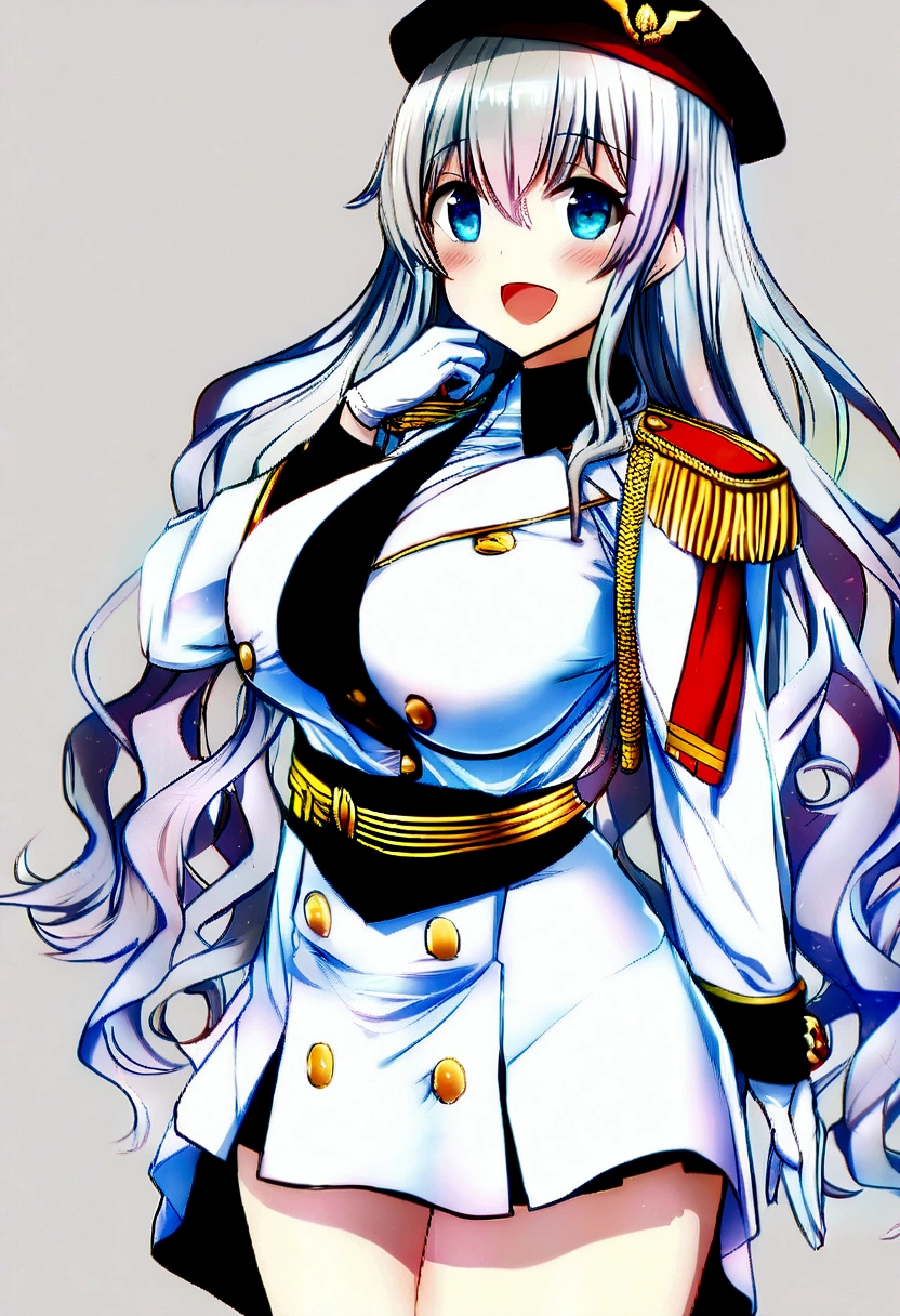 best quality, masterpiece, highres, solo, {kashima_kantaicollection:1.15}, twintails, grey_hair, wavy_hair, blue_eyes, breasts, blush, long_hair, smile, hat, large_breasts, beret, 1girl, epaulettes, military, military_uniform, uniform, jacket, looking_at_viewer, neckerchief, sidelocks, gloves, long_sleeves, red_neckerchief, white_jacket, white_gloves, military_jacket, black_headwear, buttons, frills, skirt, pleated_skirt, frilled_sleeves, black_skirt, hair_between_eyes, open_mouth