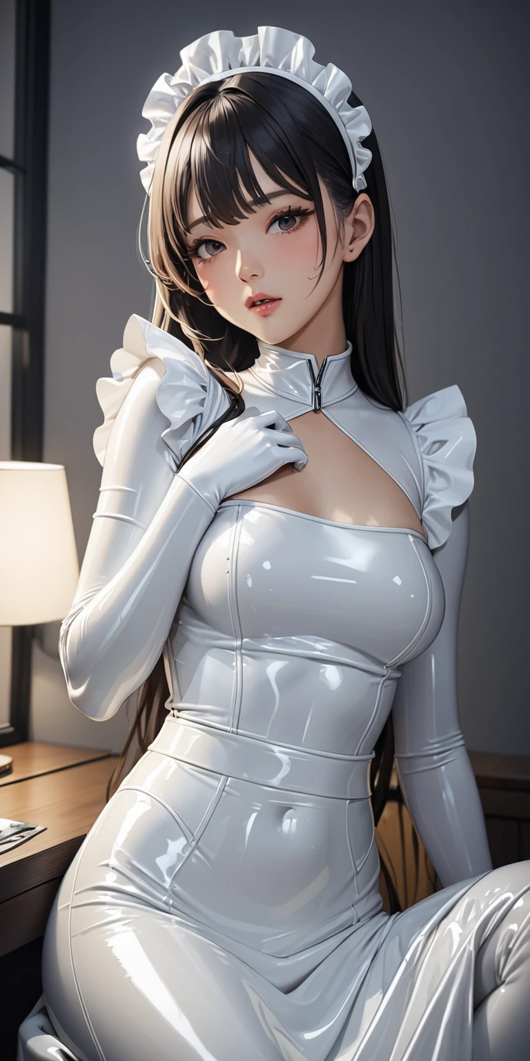 Portraiture、(masterpiece,Highest quality,Ultra-high resolution),Japanese women, (((Very beautiful 25 year old girl))),(White latex maid outfit)、(White latex tight long skirt)、(A long-sleeved white latex shirt covering the upper body)、White latex long gloves、White latex socks、Latex bodysuit、Latex is very shiny、Dark bedroom at night、