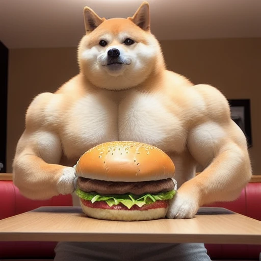 a professional photo of [(((buff Swoledoge))):buff Swoledoge:8], grinning, dog body, eating a large burger in a restaurant, cinematic dramatic light, smooth transition, bokeh  
