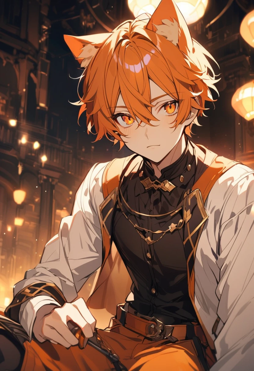 boy, solo, handsome, orange hair, orange eyes, cat ears, young