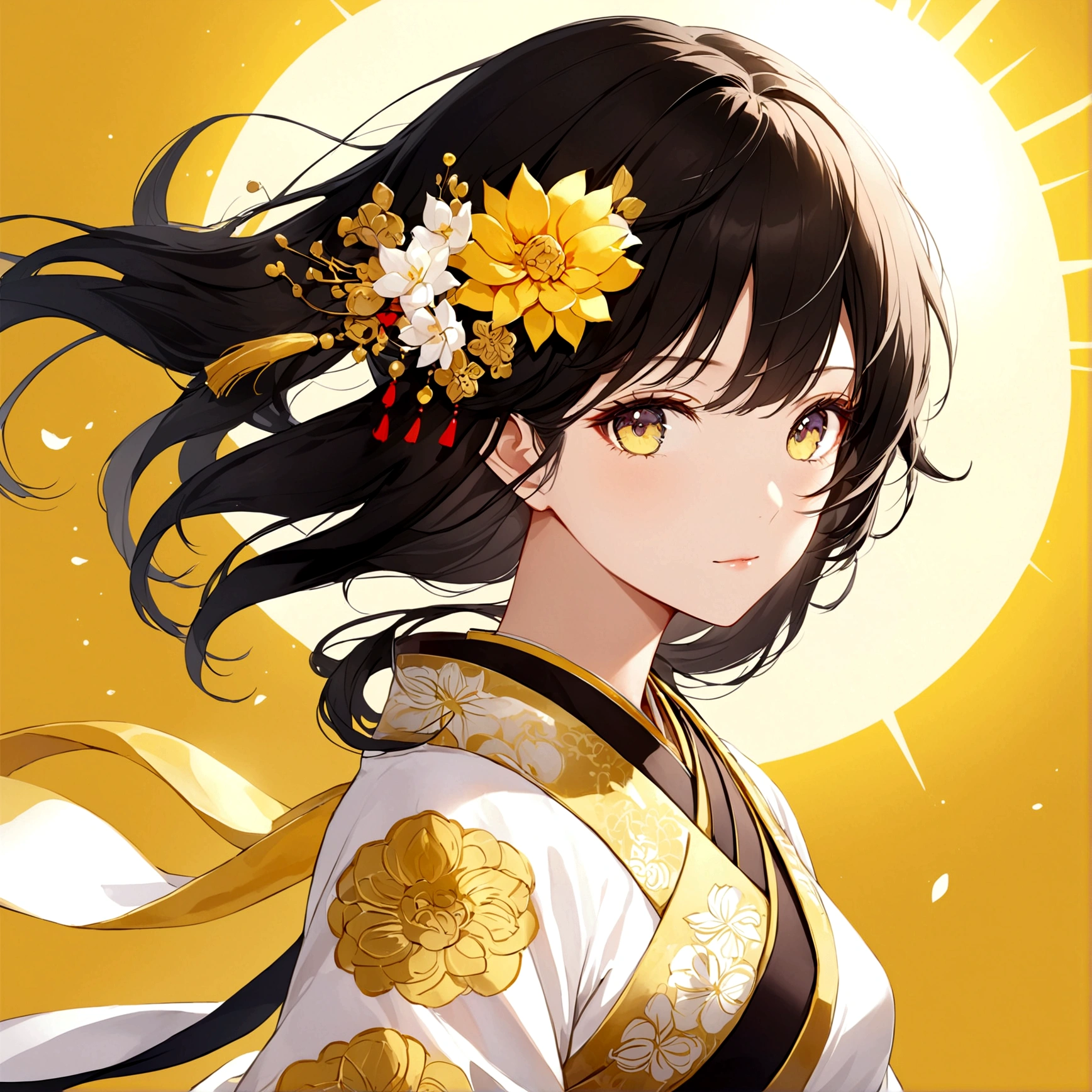 woman,Auspicious day,Background yellow,sun,Black Hair