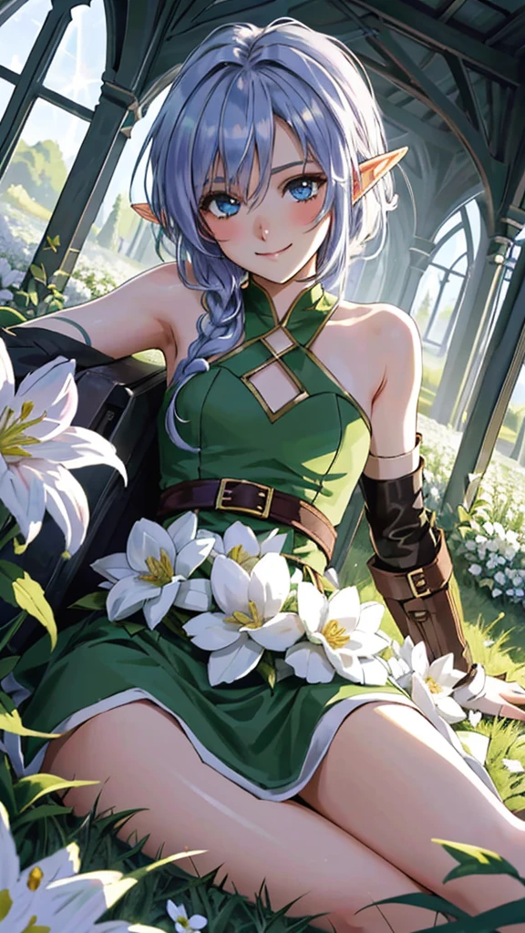 masterpiece, best quality, elf adventurer lying down in a field of white flowers, foliage dress, barefoot, looking at viewer, smug, smirk, blushing, (ultra-detailed body), dutch angle, cinematic, volumetric lighting, sunbeam, soft lighting, mystical, magical, rim lighting, fantasy, sparkle, glittering