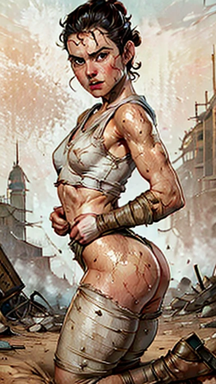 Daisy Ridley face 8k resolution, masterpiece 1.3, Ultrarealistic face, slim athletic physique, small flat breasts, round ass, cameltoe, sweaty body glistening skin, dirt covered around her body, torn clothes, shameful expression tears in her eyes; "Kneeling in the rubble of a destroyed building, Rey's shoulders slump in defeat. Blood trickles from a cut on her forehead, and her clothes are torn and dirty, reflecting the intensity of her recent fight."