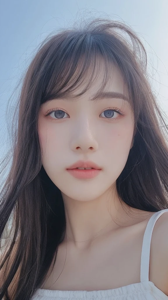 (detailed and realistic portrait of a girl with a clean face), (round eyes and long flutters hair shot outside),staring at camera,magical photography, dramatic lighting, photo realism, ultra-detailed,
intimate portrait composition, (centered image composition),(close up shot:1.6),best quality,f/1. 8, 85mm,
(28years asian woman), black_hair,(black_eyes:1.2),(bangs),makeup,white_dress,
(hazy blue_sky_background)