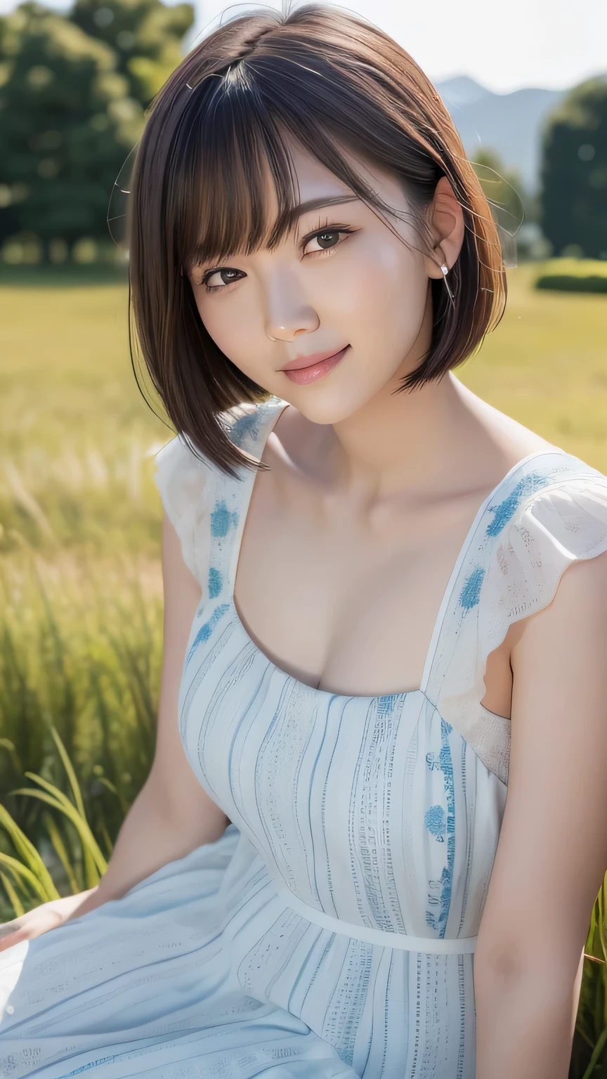 (Highest quality:1.5)、(Realistic:1.5)、(1 person:1.5)、(Upper Body:1.5)、Very detailed、High resolution、8k wallpaper、、Small breasts、Natural color lips、Cute Smile、Japanese women、20-year-old girl、Beautiful and elegant face、Perfect and beautiful face、Big eyes、Brunette's eyes、Beautiful and elegant face、Natural double eyelids、Natural Bangs、Beautiful thin nose、Beautiful Skin、Chestnut Hair、Medium Bob Hair、short hair、Natural Bangs、Perfect and beautiful face、Slim face and figure、(Staring at the camera with a cute expression)、Bright lighting、Professional Lighting、Forward lighting、Cute Smile、Summer blue sky、Mountain Grass Park、Look at the viewers、Low angle composition、(Staring at the camera with a cute expression)、Bright lighting、Professional Lighting、Forward lighting、Cute Smile、Beautiful clavicle、Beautiful legs:1.2、Smooth Skin、White floral dress、Sit on the grass、wariza, Place your hands between your legs、please sit down、Leaning forward、Shots from low angles、Sitting Girl、seiza、