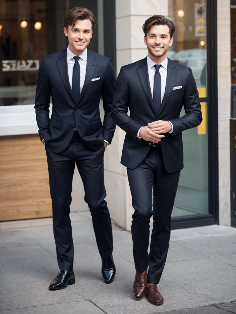 cool male Brown Hair Shortcuts Double suit smile whole body The hands and feet are clearly visible Business Building Black leather shoes