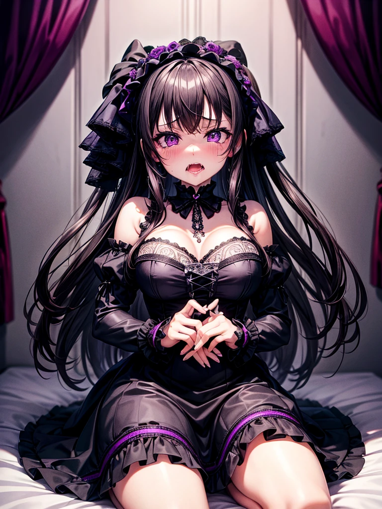 Highest quality,Highest Resolution,Sexy black gothic ta opens her mouth and drools while crying,Bedroom,Big purple eyes,