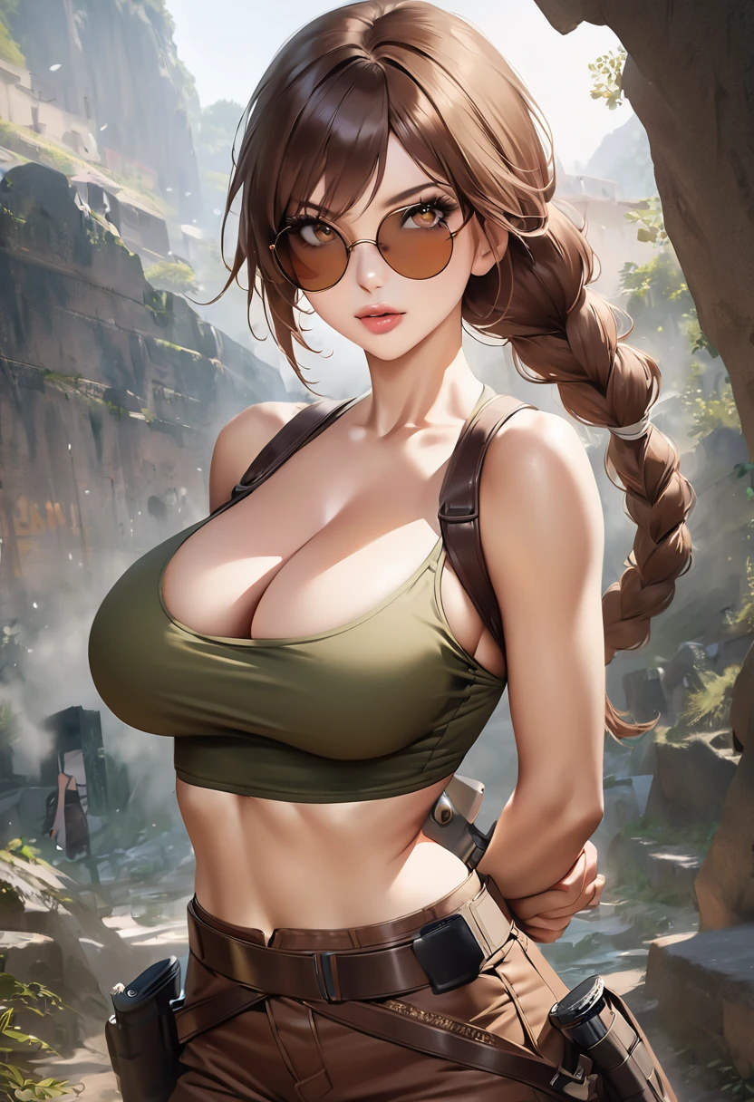 Masterpiece, best quality, 1girl, Lara Croft, classic tomb raider, olive crop top, gun holsters, brown shorts, round sunglasses, brown hair, braided ponytail, long hair, ((arms behind back)), looking at camera, cleavage, very busty, small waist, photographic, realistic, ninja warrior background