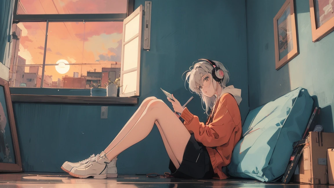 アニメ girl sitting on floor looking out window at city, アニメ aesthetic, アニメ vibes, lofi artstyle, Lo-fi portrait by the window, Watching the Sunset. アニメ, Lofty Girl, アニメ art wallpaper 4 k, アニメ art wallpaper 4k, アニメ art wallpaper 8 k, アニメ background art, Lofi Color, Lofi Art, アニメ asthetic,masterpiece, Highest quality, Rainbow Style, アニメ, Beautiful Asian Girl, Along the Hawaiian Coast, Cute and dreamy,アニメ,Illustrator,LOFI Girl, Blues,landscape,Sunset, night、Girl listening to music in a cozy room, Use headphones, 2D Style Anime, Rain outside the window、Analog Color Theme、Ghibli style,、Tokyo, night, Write notes