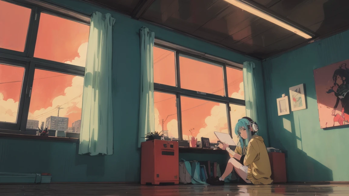 アニメ girl sitting on floor looking out window at city, アニメ aesthetic, アニメ vibes, lofi artstyle, Lo-fi portrait by the window, Watching the Sunset. アニメ, Lofty Girl, アニメ art wallpaper 4 k, アニメ art wallpaper 4k, アニメ art wallpaper 8 k, アニメ background art, Lofi Color, Lofi Art, アニメ asthetic,masterpiece, Highest quality, Rainbow Style, アニメ, Beautiful Asian Girl, Along the Hawaiian Coast, Cute and dreamy,アニメ,Illustrator,LOFI Girl, Blues,landscape,Sunset, night、Girl listening to music in a cozy room, Use headphones, 2D Style Anime, Rain outside the window、Analog Color Theme、Ghibli style,、Tokyo, night, Write notes