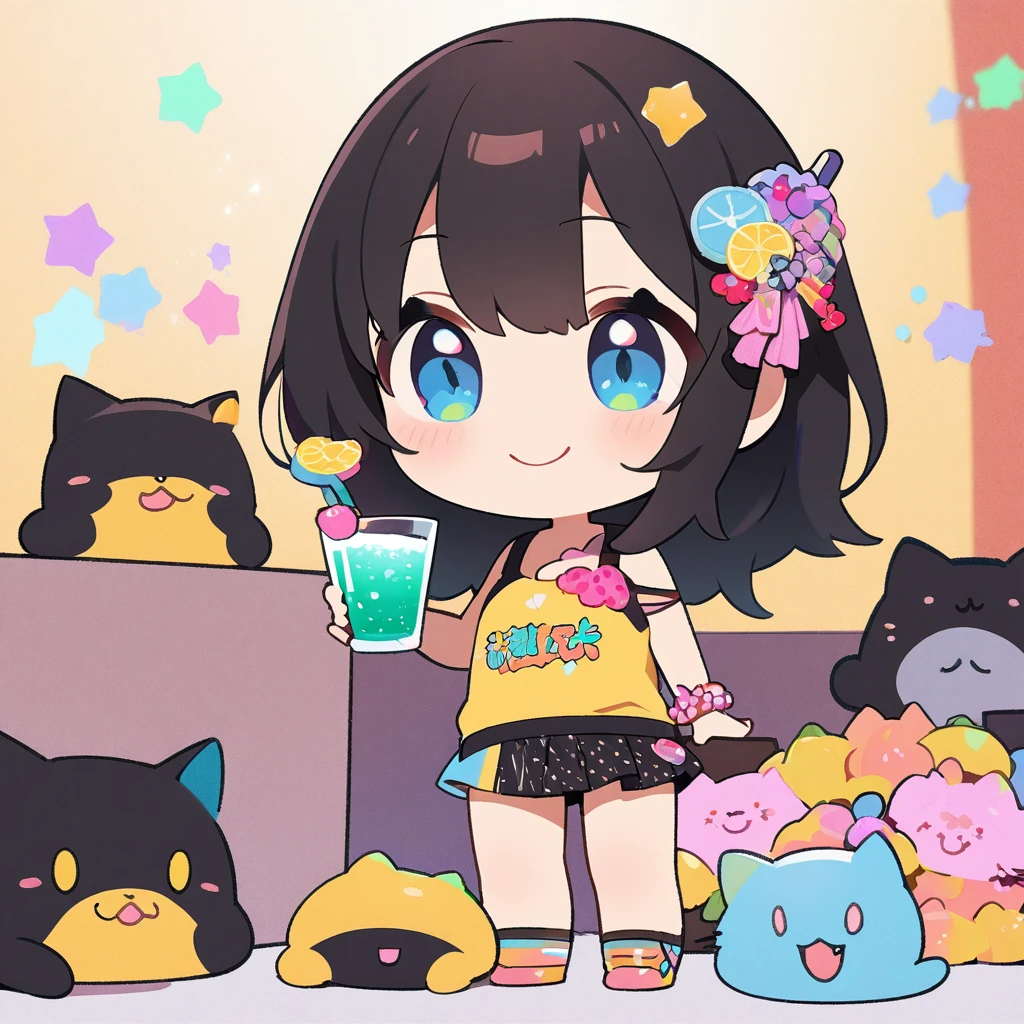 masterpiece、Highest quality、Depth of subject、2D illustration、1 beautiful girl、独奏, (((chibi style)))、Long, beautiful hair、Shiny black hair、cute、Beautifully detailed eyes、((Tank top))、a glass of lemon soda, ((colorful))、mini skirt、((happy smile))、((cat cluster)), ((close up shot))、((in the room))、((There's a lot of pink around))、Thighs、((vivid color))、sparkle、((Lens flare))、