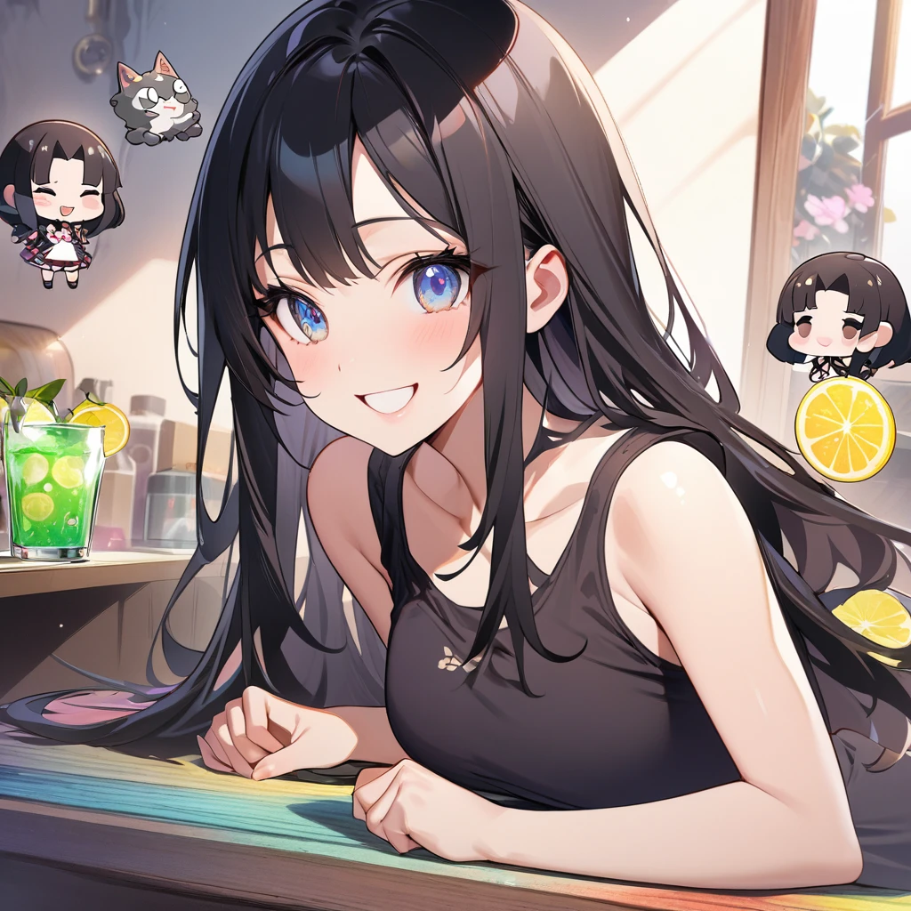masterpiece、Highest quality、Depth of subject、２D illustration、1 beautiful girl、独奏, (((chibi style)))、Long, beautiful hair、Shiny black hair、cute、Beautifully detailed eyes、((Tank top))、a glass of lemon soda, ((colorful))、mini skirt、((happy smile))、((cat cluster)), ((close up shot))、((in the room))、((There&#39;s a lot of pink around))、Thighs、((vivid color))、sparkle、((Lens flare))、