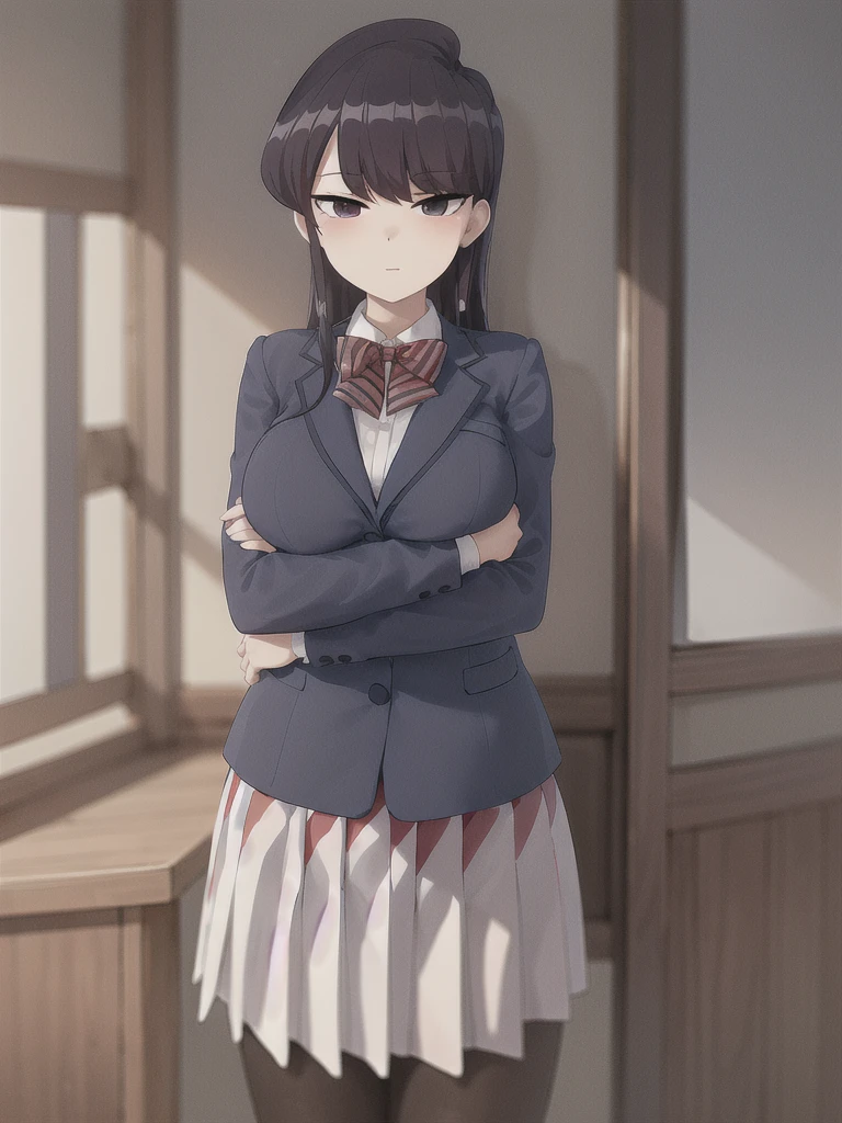 masterpiece, best quality, 1girl, solo, komi-san wa komyushou desu, ks , blue jacket, white shirt, striped bowtie, red skirt, black pantyhose, looking at viewer, (classroom), cowboy shot 