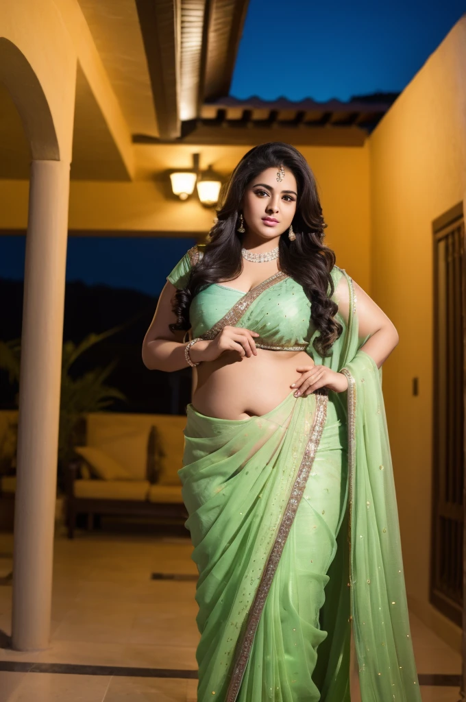 1 Heavenly beautiful and goddess beauty cute and sweet looking face Arabian woman in front of house at night, Heavenly beautiful Overweight, Heavenly beautiful Extremely fat, Heavenly beautiful and attractive Chubby figure , Heavenly beautiful looking and eye catching luxury style saree , reaching out, Heavenly beautiful Arabian woman, 16k, High resolution, masterpiece, highest quality, fine skin, close up figure view, Realistic Photograph
