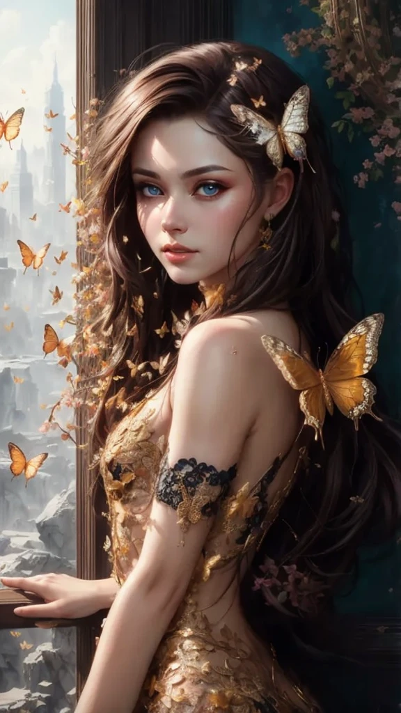 8k portrait of beautiful cyborg with brown hair, intricate, elegant, highly detailed, majestic, digital photography, art by artgerm and ruan jia and greg rutkowski surreal painting gold butterfly filigree, broken glass, (masterpiece, sidelighting, finely detailed beautiful eyes: 1.2), hdr,