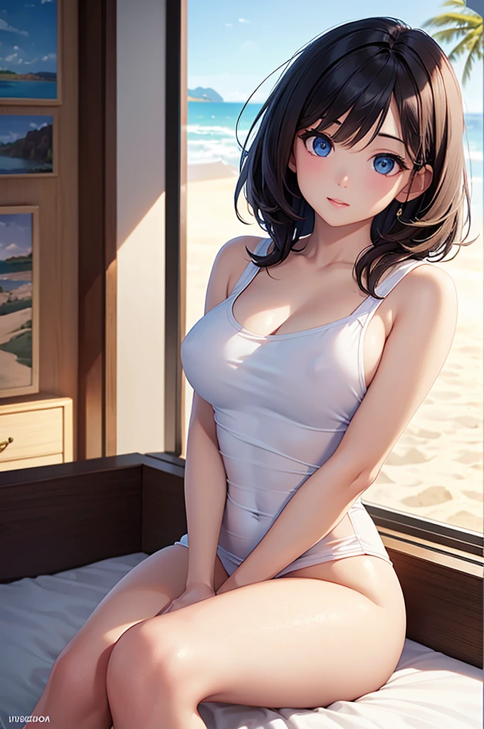 Cute Thai girl with shoulder-length dark shaded hair, blue eyes, He is wearing a tight fitting white shirt with a low neckline. (Bust 38 inches), Sitting on a bed with a sliding glass door behind, 

(Highest quality,4K,8K,High resolution,masterpiece:1.2), Super detailed, (Realistic,photoRealistic,photo-Realistic:1.37), High resolution, 超High resolution, Studio Lighting, Very detailed explanation, Professional, Vibrant colors,, Portraiture, Beach Color.