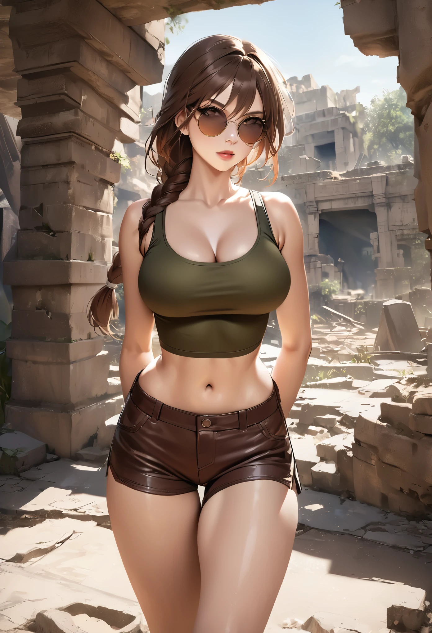 Masterpiece, best quality, 1girl, Lara Croft, classic tomb raider, olive crop top, brown shorts, round sunglasses, brown hair, braided ponytail, long hair, in ancient ruins,  ((arms behind back)), looking at camera, cleavage, very busty, small waist, photographic, realistic 