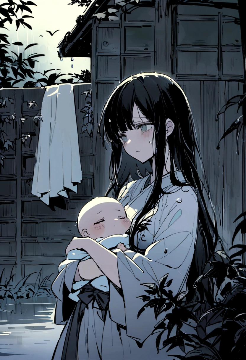 Japanese Yokai「Birds of Capture（Ubume）」Please draw。The era is the Edo period。Birds of Captureは、A ghost of a woman with long black hair that appears at night.、The image shows her breastfeeding her  while getting wet in the rain.。She has a pale and sad face、Wearing white funeral clothes。hair is long and messy。Set the background as a dark and spooky forest and an old abandoned shrine。Create an overall sad and mysterious atmosphere.。