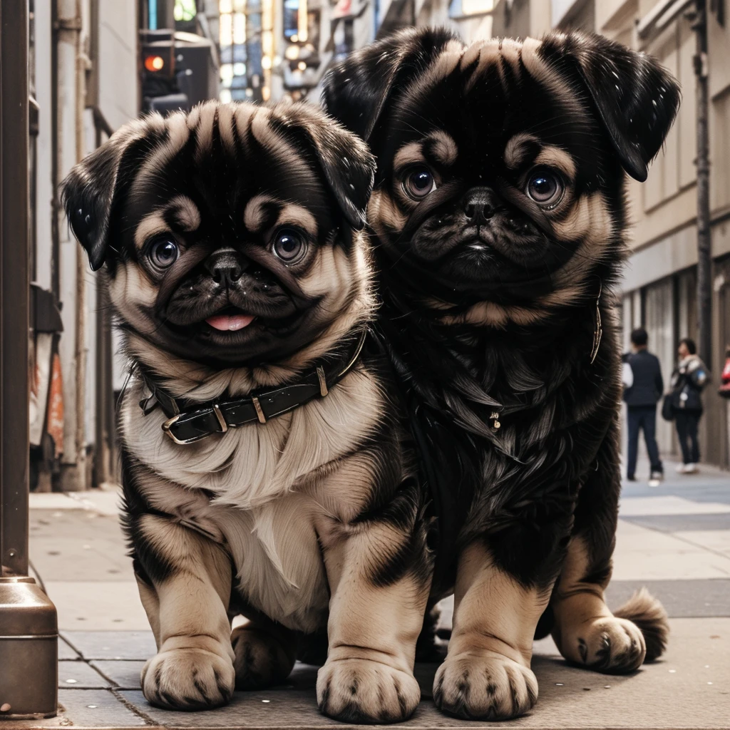 In the city、1 Pug puppy、(((Round black fur on forehead:1.3)))、(((Tears:3.0)))
