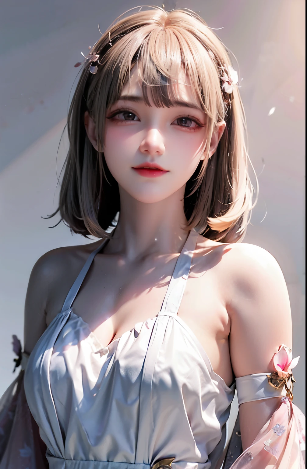 Light pink hair, pink eyes, pink and white, sakura leafs, vivid colors, white dress, paint splash, simple background, ray tracing, wavy hair