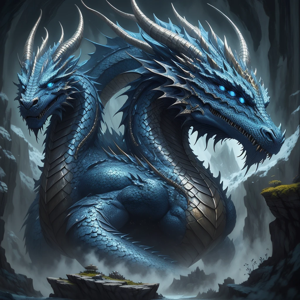 western dragon with blue scale. d&d, fantasy, highly detailed, digital painting, artstation, sharp focus, fantasy art, illustration, 8k, in the style of greg rutkowski