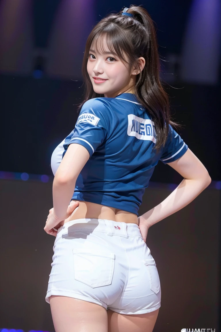 (8k), (highest quality: 1.2), (Realistic), (Realistic: 1.37), Ultra-high resolution, 1 girl, cute, (Embarrassed smile:1.2), (Blushing:1.4),Mouth closed, Beautiful details, Beautiful Nose, black straight Hair, Giant Dulcefo, pork, Thighs,Navel exposed,(fubon angels), (white baseball uniforms:1.2),(Blue team logo:1.2),(white tiny hot pants:1.2),Platform boots,Dancing on the stage,(Shiny Thighs:1.4),Medium Shot,(from behind:1.2)