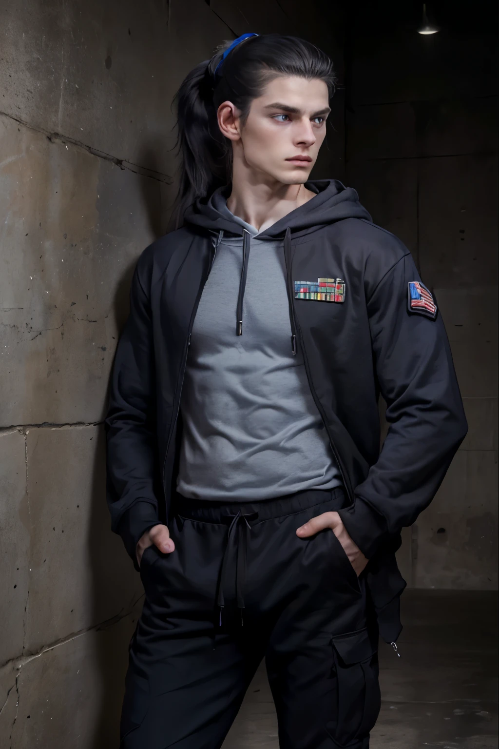 Masterpiece, Best Quality, Ultra-Detailed, 1man, 30 years old, pale skin, very skinny, light blue eyes, blue eyes, (black hair:1.0), long hair, very long hair, (((ponytail:1.0))), black hoodie, dark blue shirt, black pants, hands in pockets, looking side, looking down, half body shot, military basement background
