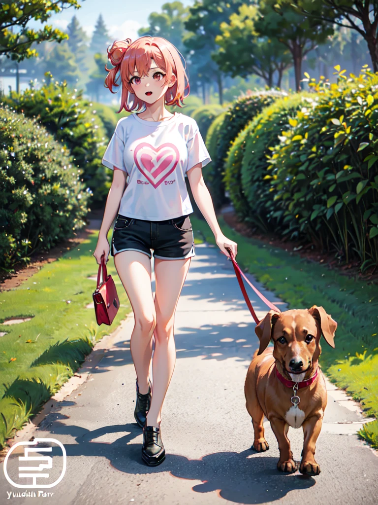 masterpiece, high quality, yuigahama yui walking in the park, (dachshund dog), holding red leash, stone path, grass, black shorts, short pink hair, pink eyes, white T-shirt with pink logo, heart logo on shirt, black shoes