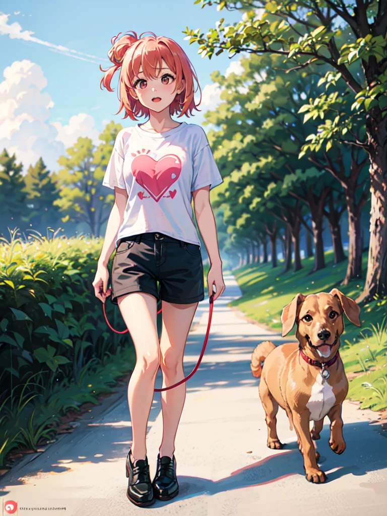 masterpiece, high quality, yuigahama yui walking in the park, (dachshund dog), holding red leash, stone path, grass, black shorts, short pink hair, pink eyes, white T-shirt with pink logo, heart logo on shirt, black shoes