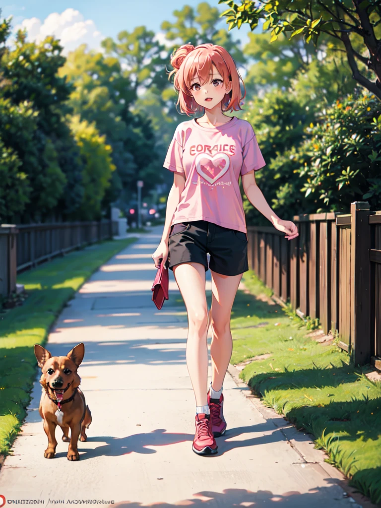 masterpiece, high quality, yuigahama yui walking in the park, (dachshund dog), holding red leash, stone path, grass, black shorts, short pink hair, pink eyes, white T-shirt with pink logo, heart logo on shirt, black shoes