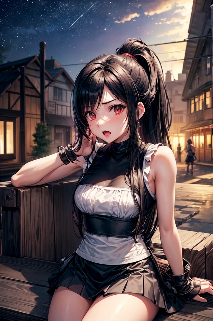 Tifa Lockhart, MKSK style, (Very detailed background:1.0), (Very detailed background:1.0), Final Fantasy 7 Remake, (Red eyes), 1 girl, Bare shoulders, Water Skirt, black hair, green dress, Sleeveless dress , Ink skirt, house, long hair, night, night Sky, open mouth, outdoor, ponytail, sitting, Sky, Sleeveless, Sleeveless dress, Star (Sky), Starry Sky, town, senility, Small Breasts, ((White ruffles)), (White dress),