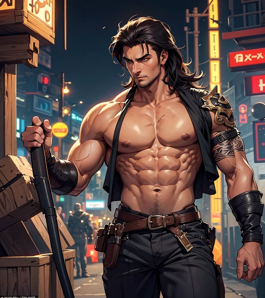 (((Solo character image.))) (((Generate a single character image.))) Amazingly handsome, sexy and sexually appealing male character. (((Shoulder length sexy hair.))) (((Wearing a fantasy style vest.))) Generate a stunning and seductive image of a male fantasy character for a setting such as Dungeons & Dragons. This is to be the perfect picture of a male adventurer in a high fantasy setting. In this image the heartthrob stud stands tall with broad shoulders and a chiseled chest that leaves women weak at the knees. He has an air of unbridled sensuality. He wears rugged yet stylish clothing that accentuates every curve of his muscular physique - emphasizing his dangerous edge without revealing it outright. This male fantasy character is the kind of man women dream about - sexy, charming, and just a little bit dangerous. The artwork captures both his physical perfection and irresistible allure in equal measure, making it impossible for any woman to resist him. His abs, chest and crotch area are perfect tools in his seductive arsenal. As this heartthrob stud walks through the dimly lit streets, he leaves a trail of infatuated women and jealous admirers behind him. His confidence and charm are palpable, as though he knows exactly how much power he wields over those around him. And indeed, it's not just his good looks that make him so captivating - it's the sense of danger that seems to radiate from his very being. Women can feel it in their bones - this is a man who thrives on taking risks, pushing boundaries, and exploring their deepest desires. Whether it's in bed or in life, this heartthrob stud is always up for a thrill…and he'll take anyone willing to join him along for the ride!Tattoos.,Handsome male