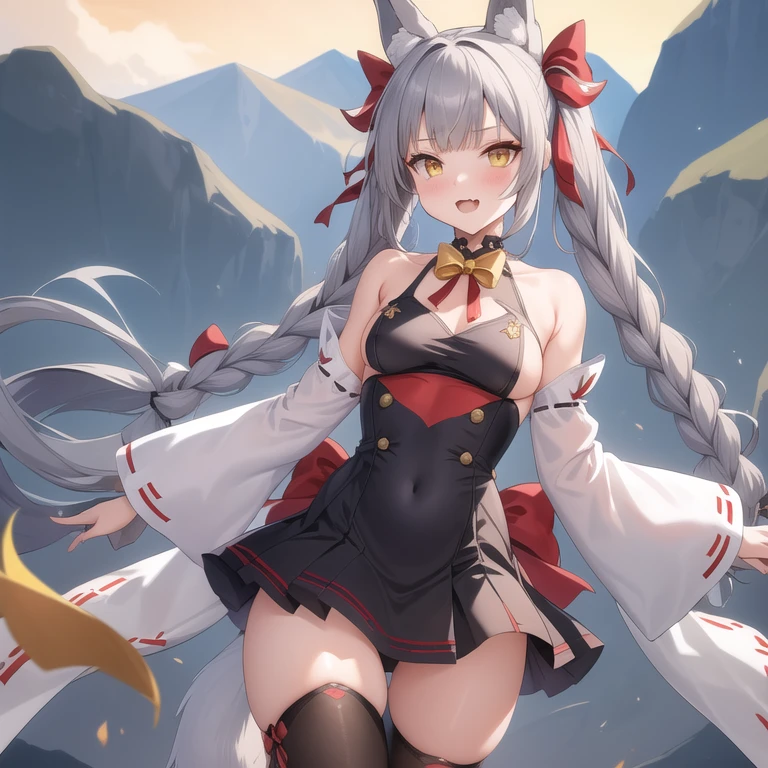 (masterpiece, best quality:1.2),illustration,8k,hd,1girl,solo,cowboy shot,asanagi (azur lane),animal ears,very long hair,thighhighs,fox tail,tail,yellow eyes,open mouth,wide sleeves,braid,fox ears,detached sleeves,crossed arms,black thighhighs,leotard,japanese clothes,bangs,grey hair,fox girl,ribbon-trimmed sleeves,bow,small breasts,skirt,ribbon trim,fang,hair bow,bare shoulders,twin braids,:d,long sleeves,bell,jingle bell,blush,highleg,black leotard,
