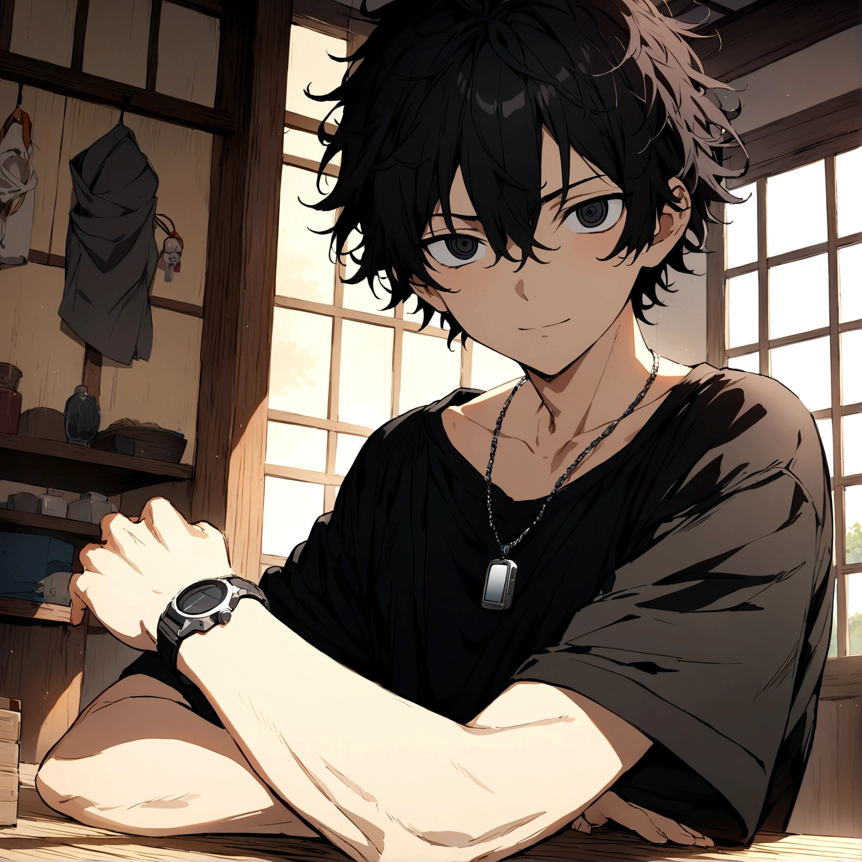 (((best quality))),(((ultra detailed))), ((masterpiece)), (((vivid))), anime, 1 boy, 18 years old appearance, short hair, detailed hair, black hair, messy hair, black eyes, detailed eyes, black t-shirt, silver pendant around the neck, on the left arm a digital watch, ((during the day)), without smiling, calm face, in a Japanese room,