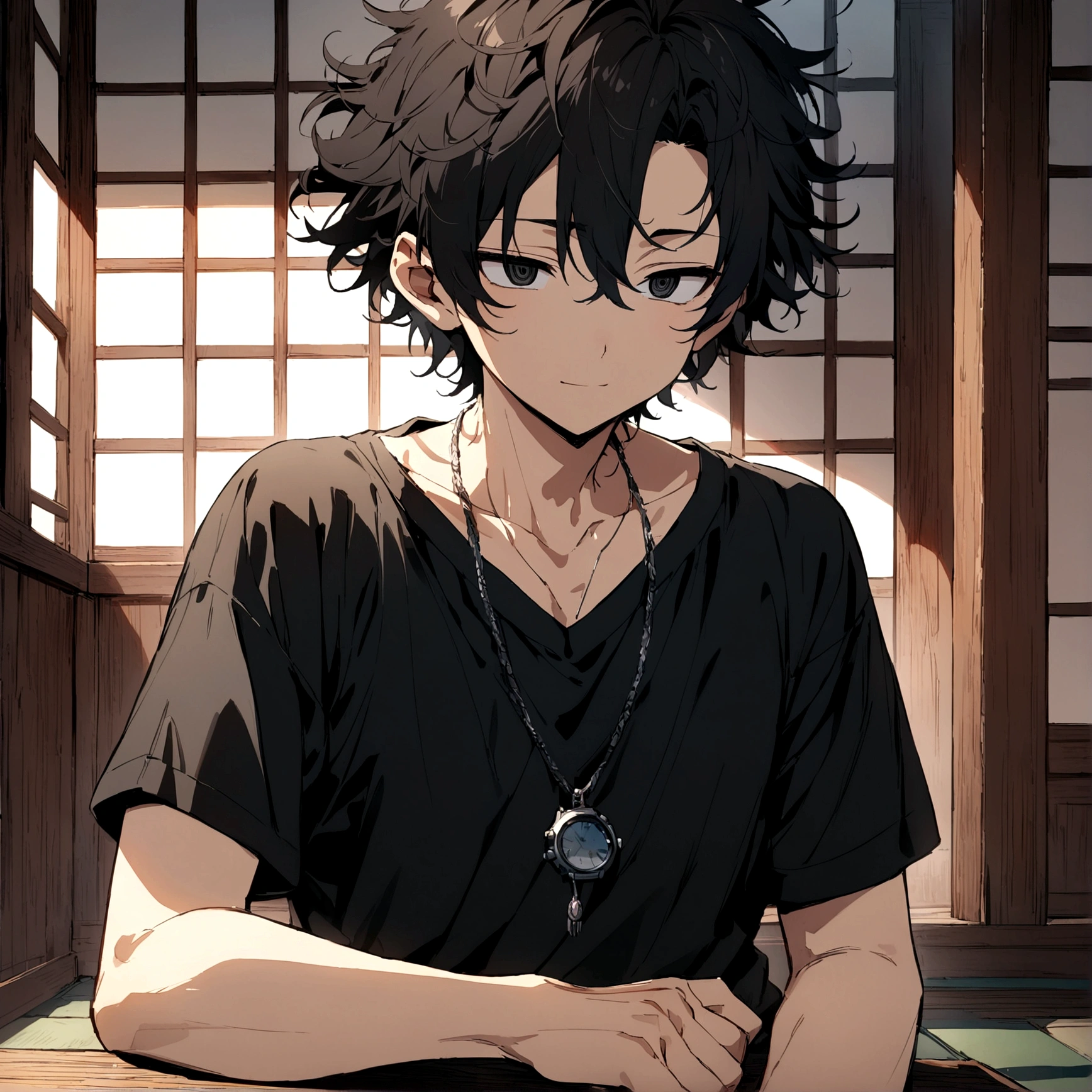 (((best quality))),(((ultra detailed))), ((masterpiece)), (((vivid))), anime, 1 boy, 18 years old appearance, short hair, detailed hair, black hair, messy hair, black eyes, detailed eyes, black t-shirt, silver pendant around the neck, on the left arm a digital watch, ((during the day)), without smiling, calm face, in a Japanese room,