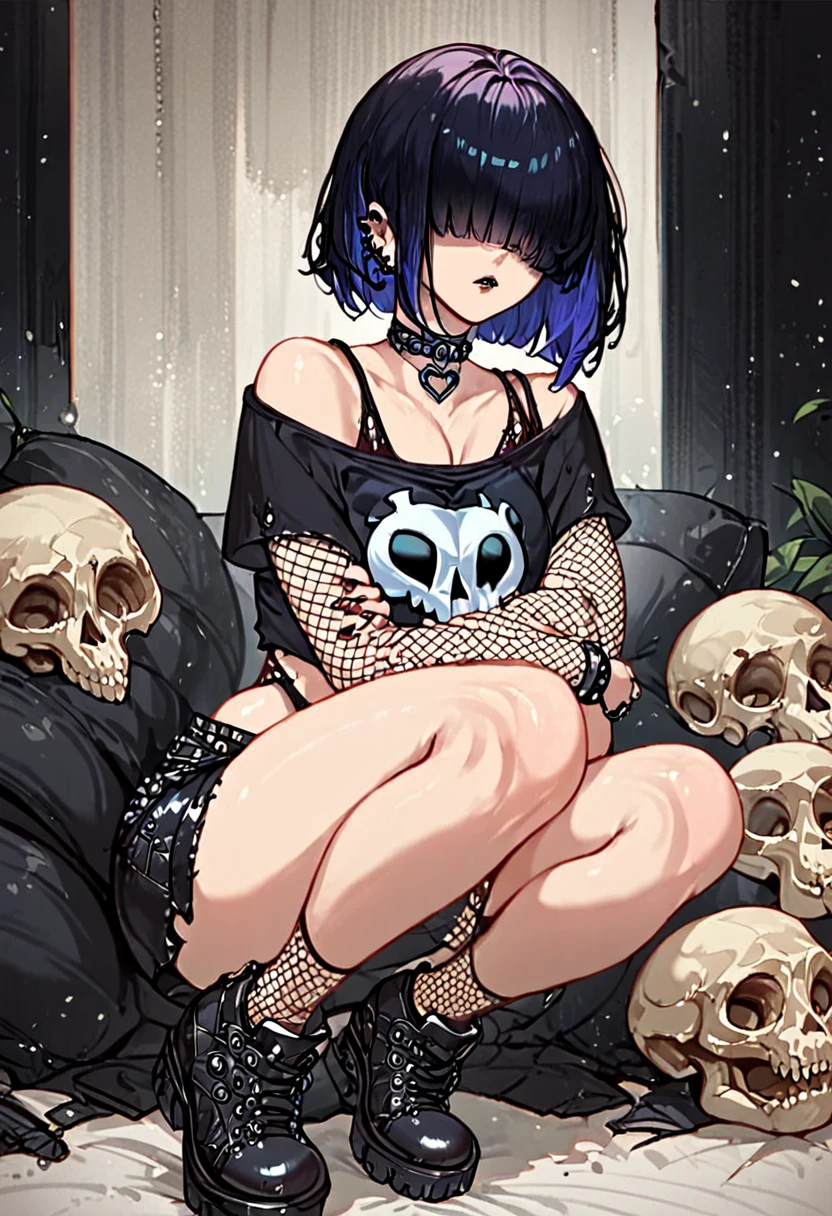 score_9, score_8_up, score_7_up, score_6_up, score_5_up, score_4_up, source_anime, medium shot, goth girl, bangs over eyes, goth clothes, choker, high shoes, fishnet, skull print