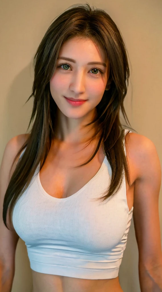 ((Highest quality, 8K, masterpiece :1.3)), One girl, Beautiful woman with well-defined abdominal muscles: 1.3, whole body, (Long Hair, Big Breasts: 1.2), Oversized tank top: 1.2, Very delicate face, Delicate eyes, double eyelid, smile, Home, Random color clothes