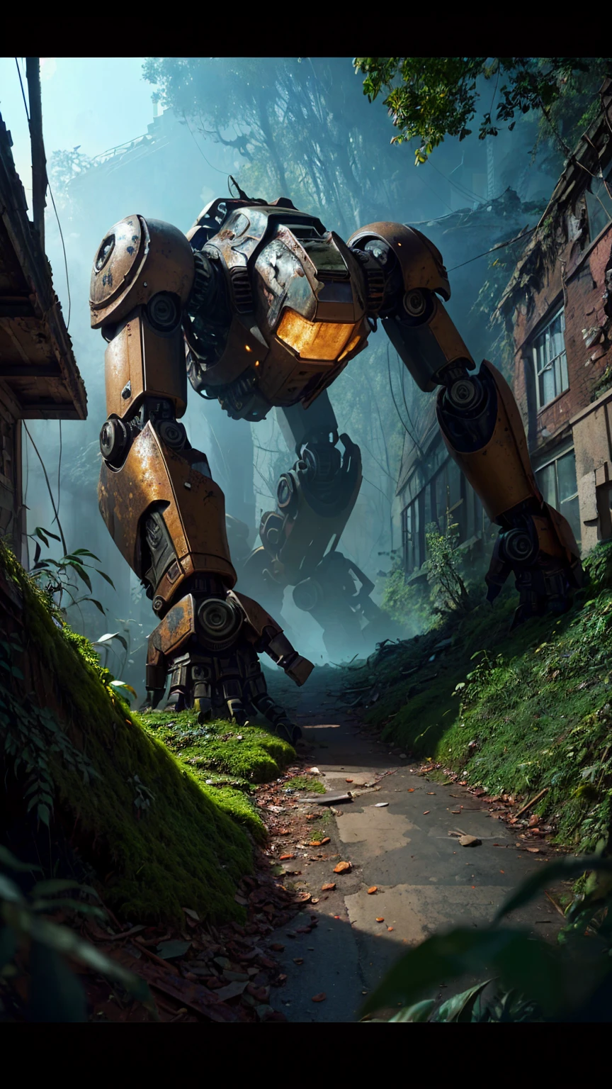 (Best Quality,4k,8k,high resolution, Masterpiece:1.2),ultra detailed, sharp focus,(realist,photorealist,photo-realist:1.37),extremely fine details, intricate details,vivid colors,intense colours,Deep contrast,cinematic depth of field,cinematographic composition,cinematic camera angle ,a giant rusted abandoned robot, debris, overgrown weeds, vines crawling on the robot from neglect, desolate, (best quality,4k,8k,highres,masterpiece:1.2),ultra-detailed,(Realistic,photoRealistic,photo-Realistic:1.37),highly detailed, cinematic lighting, moody atmosphere, dramatic shadows, muted color palette, grungy, dystopian, post-apocalyptic, intricate robot design, moss and lichen, crumbling infrastructure, sense of abandonment and decay