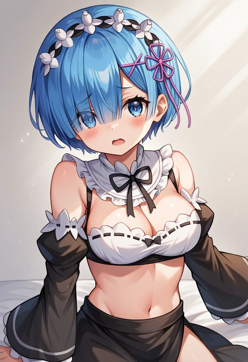 (((Pixel Perfect, Perfect detail))),girl,Re:Zero Rem,Rem&#39;s hairstyle,short,(((Rem-style hair accessory)))((whole body)),Medium chest, ((Bangs that hide the right eye))(((1girl, double handjob, 2boys, penis,))) (((excessive cum)))